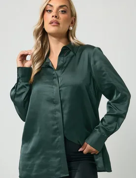 Women's Satin Shirt in Dark Green Size: 24 - Dark Green - Size: 24 - Yours - FashionsVida