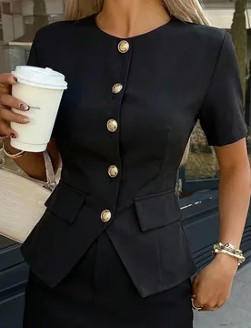 Camisa de estilo casual, camisa de cuello redondo, camisa de manga corta, camisa con botones delanteros, camisa ceñida a la cintura, verano L - Shein - FashionsVida