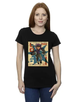 Women's Big Hero 6 Baymax Hiro Newspaper Cotton T-Shirt in Black Size: 2XL - Black - Size: 2XL - Disney - FashionsVida