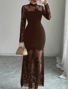 Nuevo vestido elegante y sexy de manga larga con encaje calado, ajuste ceñido a la cintura de alta calidad elástica con bajo de cola de sirena, vest - Shein - FashionsVida