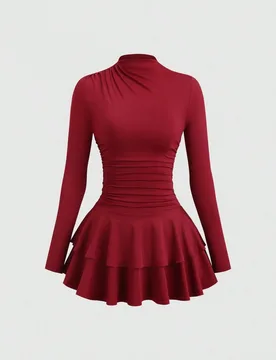 Vestido elegante de mujer color borgoña para otoño e invierno con manga larga, cuello alto, cintura fruncida, estilo vintage, para cena, cita, fiest - Shein - FashionsVida
