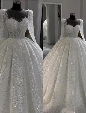 Luxury White Wedding Dresses Long Sleeve Illusion Neck Beaded Rhinestone Sequins Bridal Dresses Vestidos De Novia Customized - Aliexpress - FashionsVida