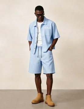 Conjunto casual de camisa de manga corta a rayas y pantalones cortos para hombre de talla grande 1XL - Shein - FashionsVida