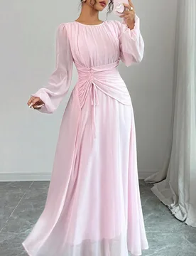 Vestido maxi de manga larga con cuello redondo, cintura fruncida con cordón, cintura elástica y diseño evasé, elegante y casual para oficina, vaca - Shein - FashionsVida