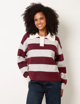 Stripe Knit Polo Jumper - M/L / BURGUNDY - female - Blue Vanilla - FashionsVida