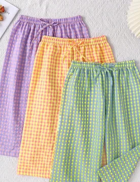 Piezas Pantalones capri casuales de mujer con cordón en la cintura, estampado de cuadros y dopamina, cómodos para el hogar en verano - Shein - FashionsVida
