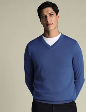 Pure Merino Wool V-Neck Jumper Blue male - Charles Tyrwhitt - FashionsVida