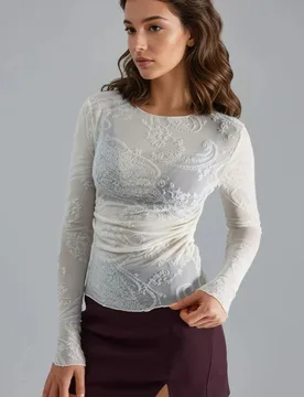 Womens Fitted Long Sleeve Flock Print Tulle Blouse - White - Busem - FashionsVida