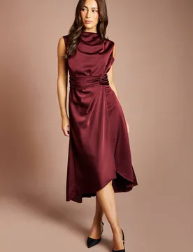 Women's Satin Midi Dress With Twist Waist in Berry Size: 10 - Berry - Size: 10 - Coast - FashionsVida