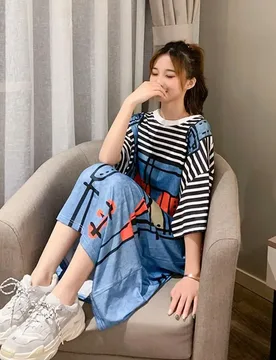 Casual Striped Printing Loose Midi Dress All-match Short Sleeve O-Neck Plus Size Cartoon Home Pajamas Fashion Summer New - Aliexpress - FashionsVida