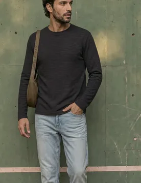 Street One Langarm Shirt mit Rundhals in Unifarbe male Schwarz - Street One MEN - FashionsVida