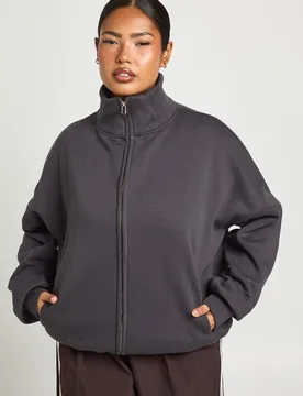 Womens Plus Funnel Neck Zip Up Jacket - Charcoal Cotton - Size 16 Uk - Boohoo - FashionsVida