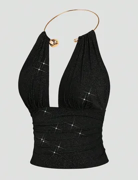 Top de tirantes sin mangas con decoración metálica de unicolor y cuello halter, estilizador y versátil para mujer talla grande 2XL - Shein - FashionsVida