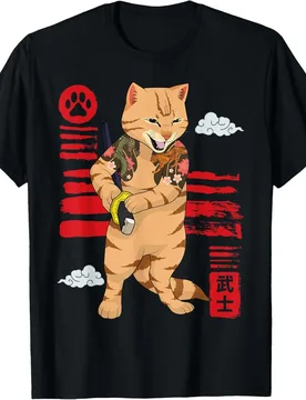 Japanese Cat Samurai Graphic Print O-Neck Short Sleeve Cotton T-Shirt for Men - Aliexpress - FashionsVida