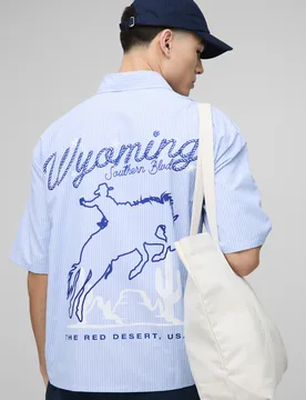Mens Oversized Western Slogan Stripe Shirt - Light Blue Cotton - Size Small - boohooMAN - FashionsVida
