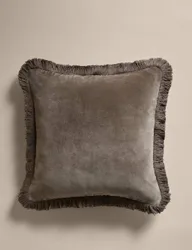 Pure Cotton Velvet Fringed Cushion Khaki