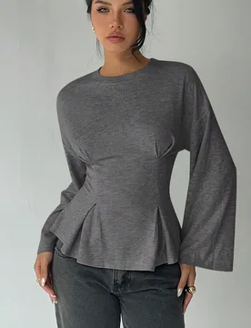 Camiseta casual de cuello redondo para mujer con cintura fruncida, unicolor para uso diario y ropa de casa, top de punto gris de manga larga para oto? - Shein - FashionsVida