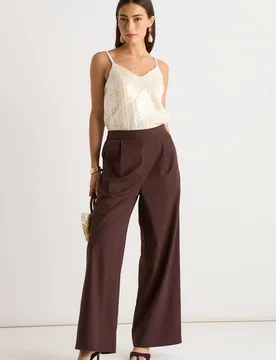 Women's Brown Linen Mix Wide Leg Trouser Size: 8 - Brown - Size: 8 - Gini London - FashionsVida
