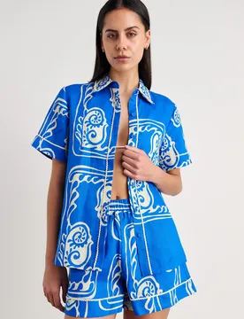 Pure Linen Printed Collared Shirt Blue female - JAG - FashionsVida