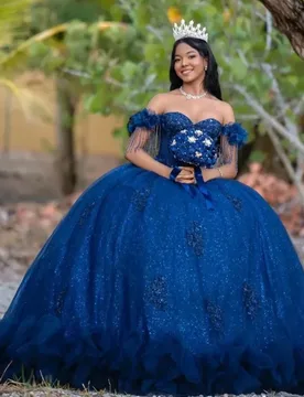 Customized Shiny dark blue Quinceanera Dresses Off the Shoulder Sequin decal Lace layering Long tail Vestido De 15 Quinceanera - Aliexpress - FashionsVida