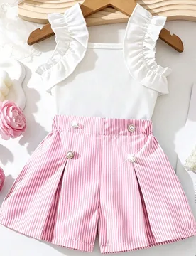 Conjunto de 2 piezas de ropa de verano, top de tirantes blanco liso, falda pantalón plisada a rayas de cintura alta con decoración de botones de per - Shein - FashionsVida