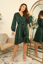 Women's Frill Satin Wrap Dress in Green Size: 10 - Green - Size: 10