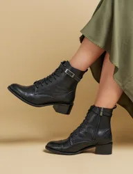 Leather Lace Up Block Heel Ankle Boots Black female