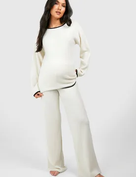 Womens Maternity Contrast Soft Rib Loungewear Set - Cream - Size 10 Uk - Boohoo - FashionsVida