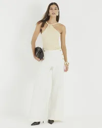 Womens Wide Leg Trousers Cream Button Front - Size 8 Uk
