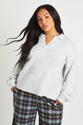Womens Plus Collared V Neck Knit Top - Grey - Size 16 Uk