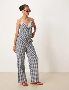 Womens Khonny Gingham Wide Leg Trousers In Navy - Blue - Size X-Small - Nia - FashionsVida