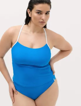 Tummy Control Contrast Square Neck Tankini Top Blue female - Goodmove - FashionsVida