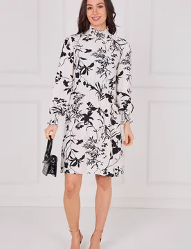 Women's Ivory Floral Print Shirred Neck Dress Size: XL - Ivory - Size: XL - LOVE SUNSHINE - FashionsVida