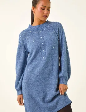 Women's Petite Embellished Faux Pearl Knit Dress in Blue Size: 18 - Blue - Size: 18 - Roman - FashionsVida