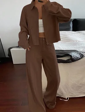 Conjunto de top corto casual con cuello y jeans de corte holgado para mujer S - Shein - FashionsVida