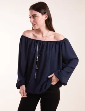 Womens Necklace Bardot Elasticated Top - Navy - Size Small/medium - Blue Vanilla - FashionsVida