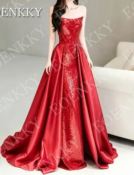 EOENKKY Prom Dress Strapless Red Sequin Mermaid Side Slit Party Dresses Detachable Train Customized Vestidos De Fiesta Elegantes - Aliexpress - FashionsVida