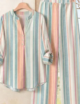 Conjunto de camisa de manga larga a rayas y pantalones casual para mujer, vacaciones, boda, diario, elegante, playa. XL - Shein - FashionsVida