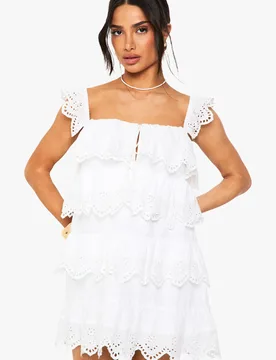 Womens Petite Crochet Frill Mini Dress - White - Size 6 Uk - Boohoo - FashionsVida