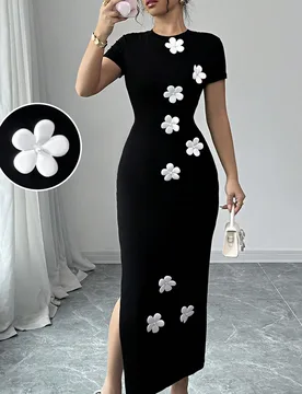 Vestido casual, elegante y sexy para mujeres con manga corta, cuello redondo, de tela elástica de punto negro, silueta ajustada, estampado floral 3D, - Shein - FashionsVida