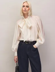 Lyocell Rich Tie Neck Button Through Blouse Cream female
