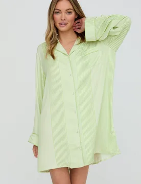 Simone Long Sleeve Mini Stripe Print Nightshirt In Green - S - Lily and Lionel London Limited - FashionsVida