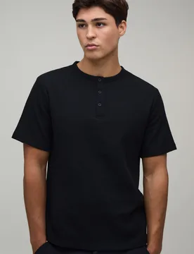 Mens Slim Fit Waffle Henley T-Shirt - Black Cotton - Size Medium - boohooMAN - FashionsVida