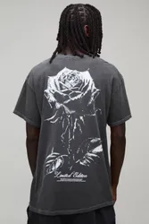 Herren Übergroßes Rosen-Print Gewaschenes Oberteil Washed Charcoal Größe Small