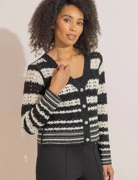 Women's Stripe Crochet Knitted Cardigan Sweater Size: Large/XL - Multicolor - Size: L/XL - Klass. - FashionsVida