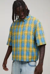 Mens Boxy Jewel Rhinestone Half Sleeve Check Shirt - Light Blue - Size 4xl