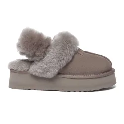 Women's Real Sheepskin Fantail Leather Platform Slippers With Two Removable Straps with EVA Sole in Brown Size: 6 - Brown - Size: 6
