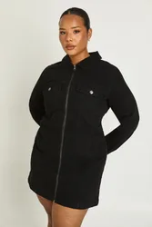 Womens Plus Denim Zip Up Shift Dress - Black Cotton - Size 20 Uk