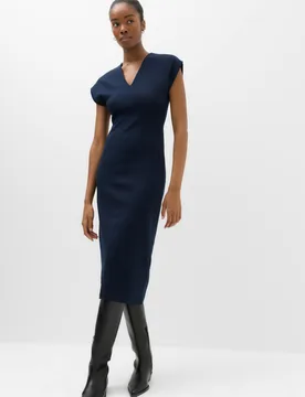 Cotton Rich V-Neck Midi Column Dress Navy female - M&S - FashionsVida