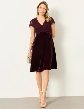 Velvet Lace Detail V-Neck Mini Waisted Dress Burgundy female - Fatface - FashionsVida